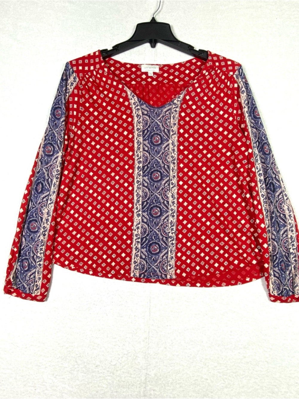 Lucky Brand Boho Blouse Women's XL Red White Blue Mixed Print V Neck Long Sleeve